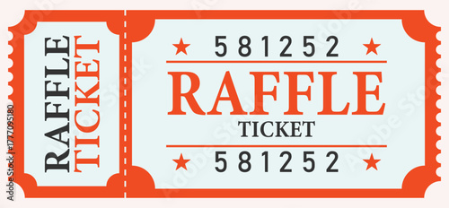 Orange raffle ticket icon. Raffle Ticket. Vertical Admit Stub with Stars, Numbered Design and Red Text