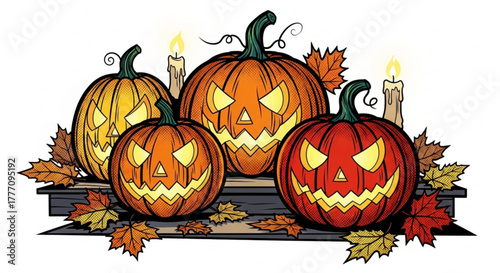 Halloween pumpkins with carved faces and autumn leaves on display  