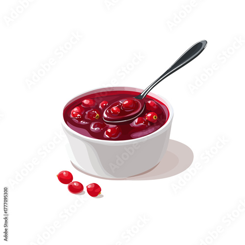 Cranberry Sauce in White Bowl with Spoon.