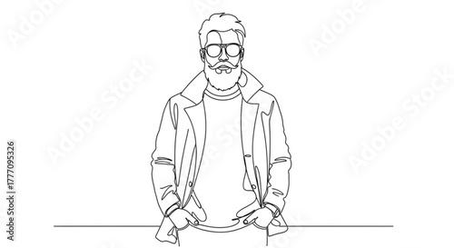 Bearded man wearing glasses and stylish jacket standing confidently  
