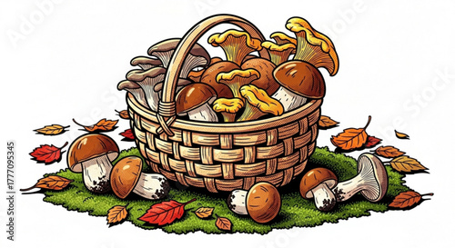 Basket filled with various mushrooms on green grass with leaves  
