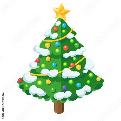 Isometric Christmas tree with snow, colorful lights, and golden star. Isolated on white background. Illustration.