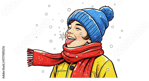 Young boy catching snowflakes with his tongue in winter wonderland  