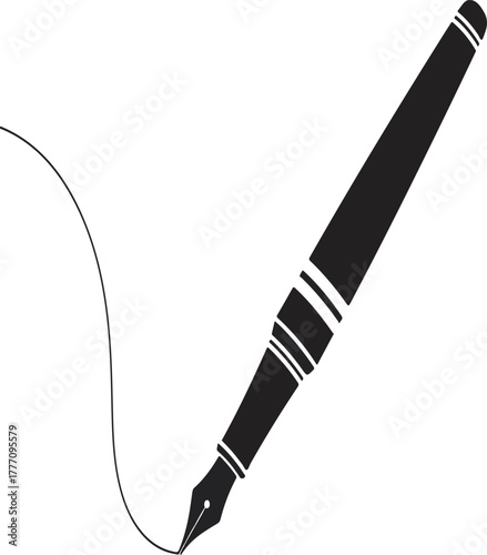 Black vector icon of a fountain pen writing a line isolated on a white background