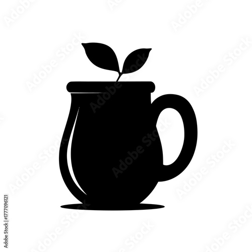 Silhouette of a Tea Cup with Leaves, Herbal Tea Concept.