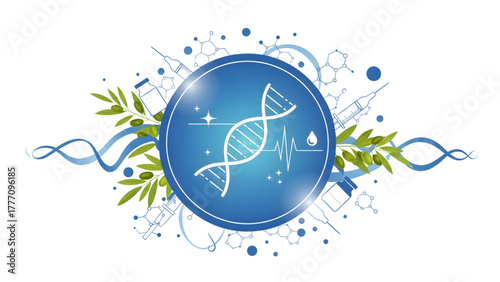 Scientific Diabetes Concept Art with Molecular Outlines and Blue Ribbons Diabetes Awareness DNA Badge with Medical Icons in Blue Vector Art