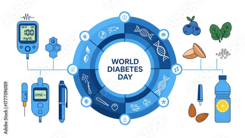 World Diabetes Day Awareness Vector Art with Healthy Lifestyle Icons Diabetes Management Concept Art with Glucose Meter, Insulin Pen, and Superfoods 