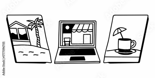 Laptop displaying beach, shop, and coffee scenes in a stylized black and white illustration style