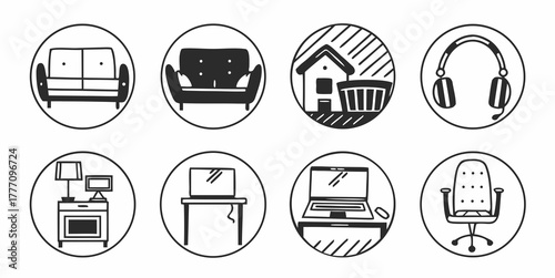Illustration of home office furniture and accessories including sofas laptops and desk chairs in ovals