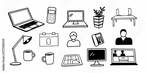Illustration of office and work from home items including laptops and desk accessories displayed neatly