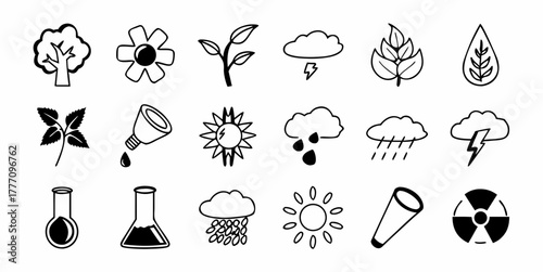 Collection of nature and science themed drawings including plants clouds and laboratory equipment icons
