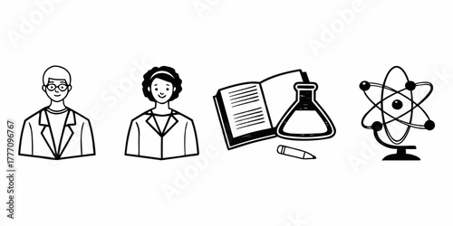 Illustration of scientists, book, beaker, pencil, and atom model representing scientific study