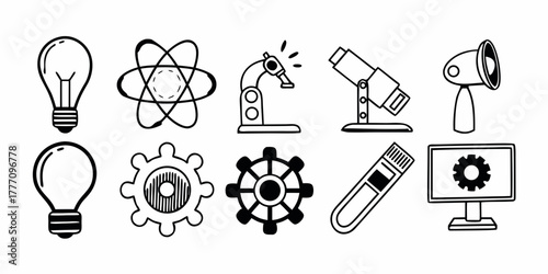 Illustration of scientific equipment including light bulbs atom microscope and computer screen icons