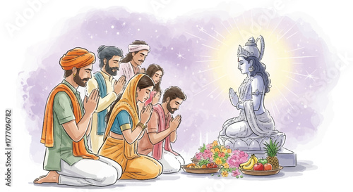 Devotees in traditional attire paying respects to a radiant deity with folded hands.