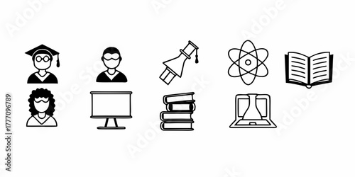Black and white icons representing education, science, and learning materials in a simple layout