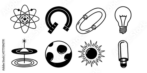 Illustration of science and space themed icons including atom, magnet, lightbulb and planets