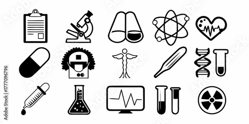 Collection of medical and scientific icons including microscope dna and clipboard in black and white