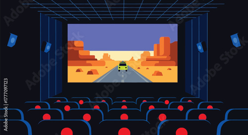 Movie theater showing car driving through desert landscape cartoon