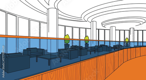 Cartoon interior design lounge area with seating and windows concept