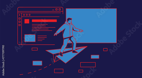 Concept of business growth and success man flying on paper airplane