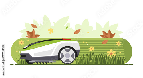 A modern robotic lawnmower efficiently trims a lush green lawn, surrounded by vibrant flowers and autumn leaves in a sunny garden scene.