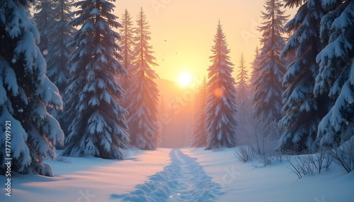 Snow-covered pine forest with golden sunrise and falling snowflakes