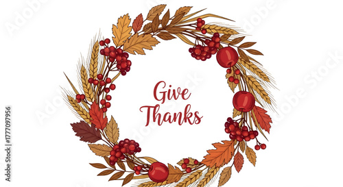 Autumnal Wreath with Berries, Wheat, and Leaves - Give Thanks Holiday Decoration