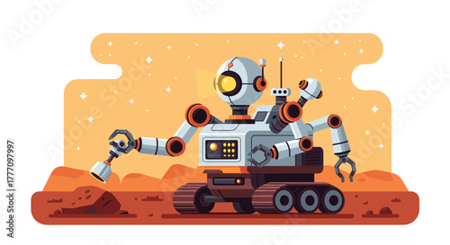 A detailed illustration of a futuristic robotic rover exploring the surface of a reddish planet, possibly Mars, with a starry background.