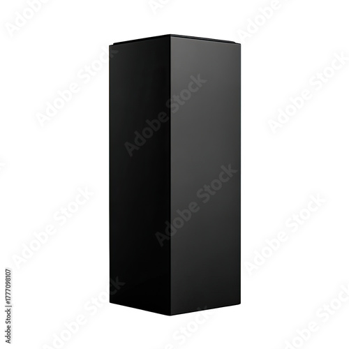 A tall, upright dark grey prism against a stark black background, with some light reflections