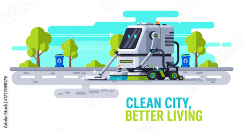 An illustration of a futuristic street cleaning robot, maintaining a clean and sustainable urban environment with trees and recycling bins.