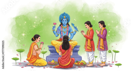 Illustration depicting a Hindu deity, surrounded by devotees offering prayers and offerings.