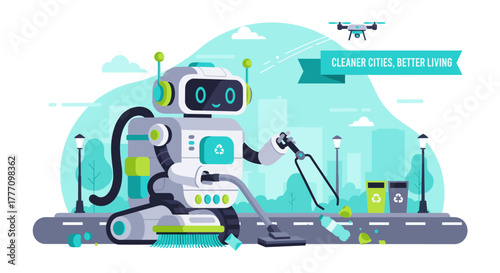 An illustration features a cleaning robot efficiently tidying a city street, promoting cleaner urban environments and a better quality of life for everyone.