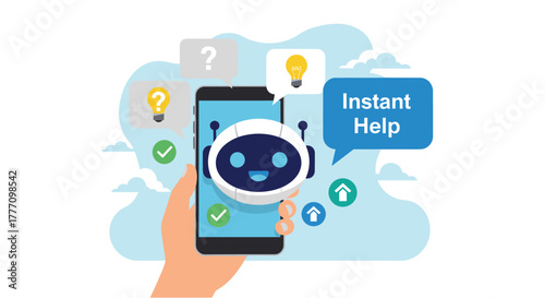 A person's hand holds a smartphone with a chatbot interface, presenting instant help with question marks and lightbulb ideas.