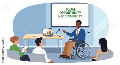 A motivational speaker in a wheelchair addresses an audience about equal opportunity and accessibility during a presentation at a conference.