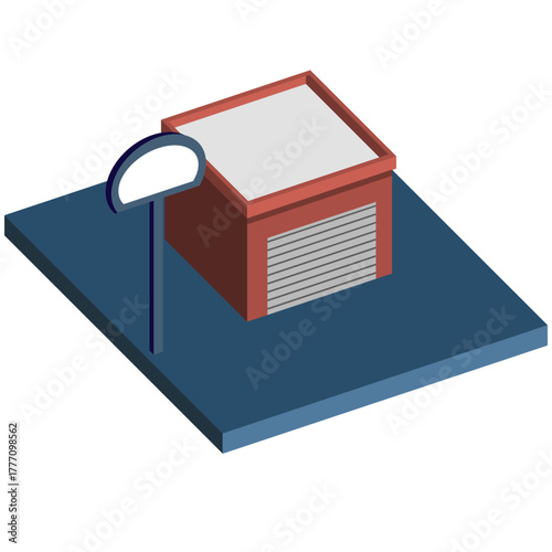 Isometric red building with a rollup garage door and a blank signpost on a blue base.