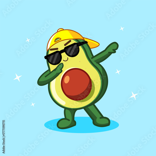 Cool Dabbing Avocado Cartoon Character with Sunglasses and Cap Vector Illustration Design