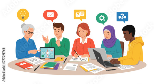 Diverse team members collaborate around a table, exchanging ideas and working together on a project with digital tools.