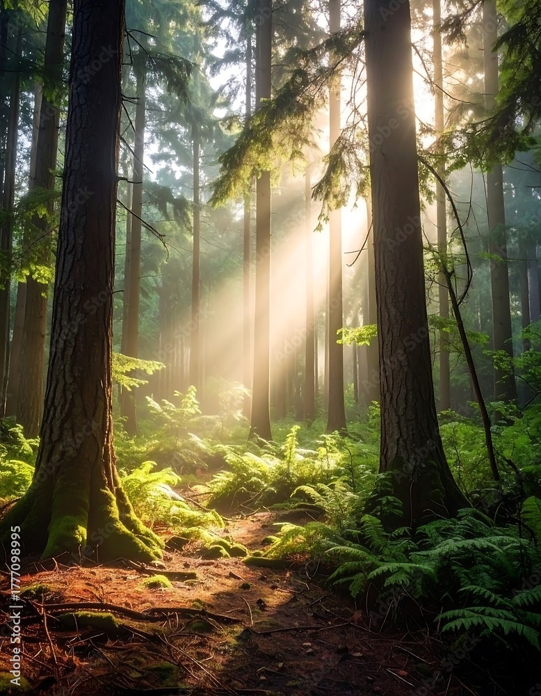 Naklejka premium A sunlit path winds through a towering forest, with light beams piercing the canopy. Lush ferns and moss adorn the ground