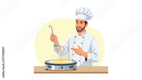 A skilled chef, adorned in a pristine white uniform, expertly pours batter onto a hot griddle, creating a delicious pancake.