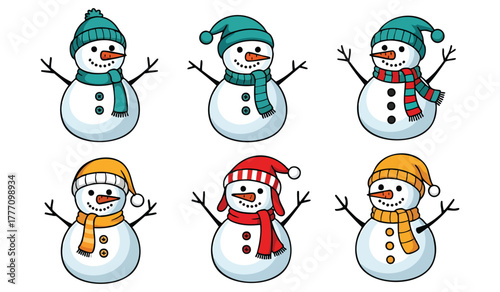 Festive cartoon snowmen bring winter holiday cheer with colorful hats and scarves, perfect for seasonal designs and joyful Christmas themes