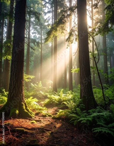 A sunlit path winds through a towering forest, with light beams piercing the canopy. Lush ferns and moss adorn the ground