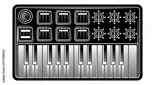 Black and white vector illustration MIDI keyboard compact synthesizer detailed vintage woodcut engraving style featuring piano keys control knobs and beat pads