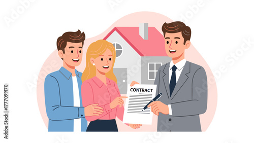 A real estate agent assists a couple in signing a contract for their new home purchase, symbolizing the dream of homeownership.