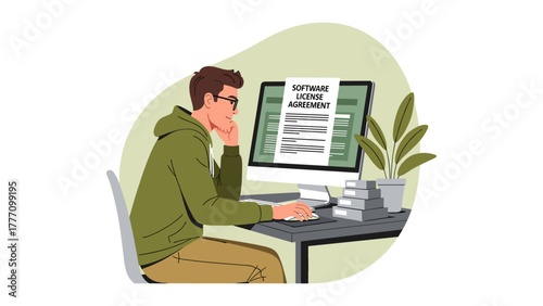 A man reviews a software license agreement on his computer, contemplating the terms and conditions before making a decision.