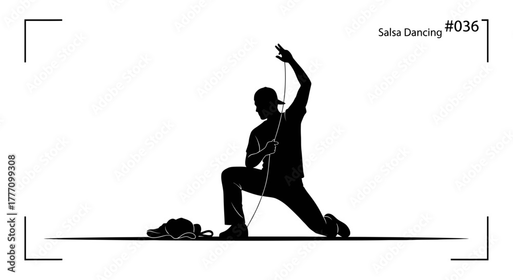 Naklejka premium Dynamic male salsa dancer striking a dramatic pose with a rope, capturing the energy and passion of Latin dance in a minimalist silhouette style, perfect for performance art and cultural promotion.