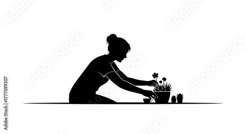 Serene woman tenderly tending to potted plants, finding peace and joy in nurturing life, a moment of calm creativity and mindful connection with nature in a simple, elegant silhouette.