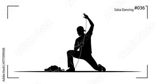 Dynamic male salsa dancer striking a dramatic pose with a rope, capturing the energy and passion of Latin dance in a minimalist silhouette style, perfect for performance art and cultural promotion.