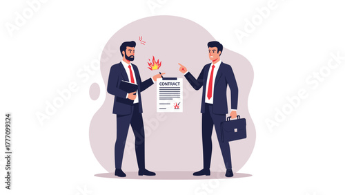 Two businessmen are in a dispute over a contract that is on fire, symbolizing disagreement and conflict in a business deal.