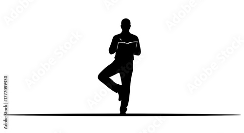 Focused silhouette of a person balancing in tree pose while diligently writing in an open notebook, symbolizing mindful productivity and creative thought