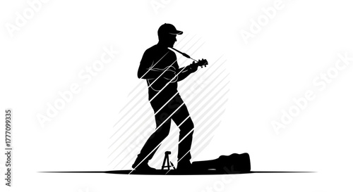 Captivating silhouette of a musician passionately playing guitar on a street corner, creating an urban vibe perfect for creative projects and artistic themes